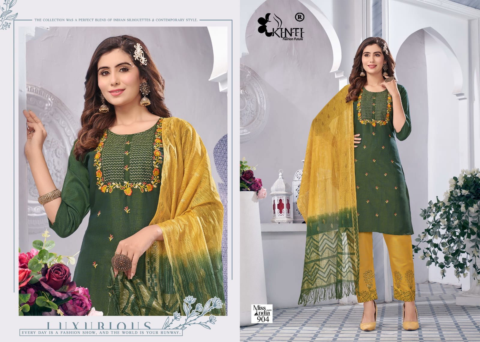 Miss India Vol 9 By Kinti Rayon Embroidery Kurti With Bottom Dupatta Wholesale Market In Surat
